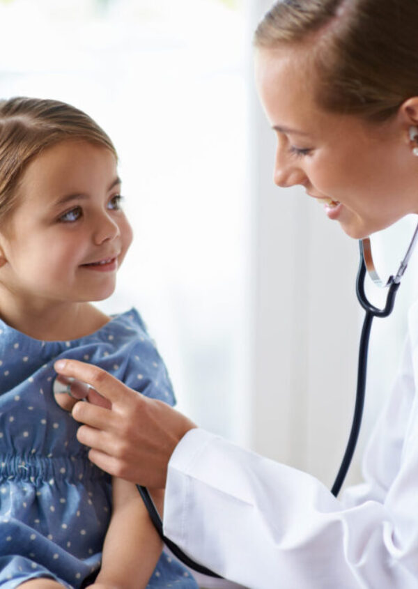 Woman, child and stethoscope of pediatrician for healthcare consulting, check lungs and listening to heartbeat. Medical doctor, girl kid and chest assessment in clinic, hospital and patient wellness